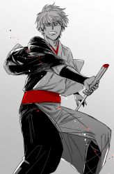  1boy alternate_costume clenched_teeth feet_out_of_frame gintama gradient_background grey_background hair_between_eyes holding holding_sword holding_weapon japanese_clothes katana kimono long_sleeves looking_at_viewer male_focus red_eyes red_sash sakata_gintoki sakurana sash solo spot_color sword teeth two-tone_kimono weapon wide_sleeves wristband 