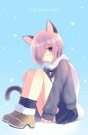 1girl alternate_costume animal_ears bangs black_skirt boots cardigan cat_ears cat_girl cat_tail closed_mouth copyright_name expressionless eyebrows_visible_through_hair fate/grand_order fate_(series) glasses hair_over_one_eye knees_up lavender_hair legs_together looking_at_viewer neckerchief open_cardigan open_clothes pleated_skirt ribbed_legwear rimless_glasses scarf school_uniform serafuku shielder_(fate/grand_order) short_hair sitting skirt sleeves_past_wrists snow socks solo tail violet_eyes white_scarf yashiro_seika 