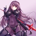  1girl absurdres armor bodysuit breasts commentary_request covered_navel fate/grand_order fate_(series) gae_bolg hair_between_eyes highres holding holding_weapon large_breasts long_hair looking_at_viewer nksk pauldrons polearm purple_bodysuit purple_hair red_eyes scathach_(fate/grand_order) shoulder_armor solo spear veil very_long_hair weapon 