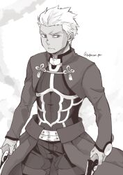  1boy archer_(fate) commentary_request dark-skinned_male dark_skin dual_wielding fate/stay_night fate_(series) frown greyscale holding holding_sword holding_weapon kanshou_&amp;_bakuya_(fate) male_focus monochrome moonlight_0423 pants pants_under_skirt solo sword twitter_username weapon yin_yang 