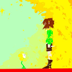  1boy 1other 2018 2d ambiguous_gender aqua_background arms_at_sides boots brown_boots brown_hair brown_shorts chara_(undertale) digital_media duo flower flowey_(undertale) from_side full_body green_background green_sweater holding holding_knife horizontal-striped_clothes human knife long_sleeves male multicolored_background no_lineart painterly plant profile short_hair shorts simple_background single_horizontal_stripe standing striped_clothes striped_sweater sweater two-tone_sweater undertale utdr_(toby_fox) veah3 yellow_background yellow_flower yellow_stripes 