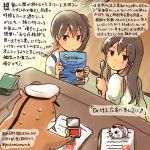  2girls akagi_(kantai_collection) animal book brown_eyes brown_hair commentary_request dated hamster holding holding_book holding_spoon japanese_clothes kaga_(kantai_collection) kantai_collection kirisawa_juuzou long_hair multiple_girls non-human_admiral_(kantai_collection) nontraditional_miko paper side_ponytail spoon stamp sweat tasuki traditional_media translation_request twitter_username 