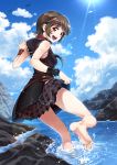  1girl barefoot beach blush brown_hair choker clouds dutch_angle feet final_fantasy final_fantasy_xv hayashi_keita highres hood iris_amicitia lens_flare looking_at_viewer looking_back motion_blur ocean open_mouth skirt skirt_lift smile soles solo toes 