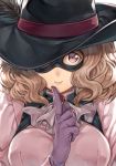  1girl ascot black_hat breasts brooch brown_eyes brown_hair closed_mouth domino_mask gloves hat index_finger_raised jewelry keg large_breasts mask okumura_haru persona persona_5 purple_gloves smile solo upper_body wavy_hair 