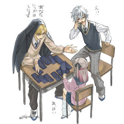  1girl 2boys absurdres black_pants black_sweater_vest blonde_hair blue_necktie blue_sailor_collar blue_skirt brown_cardigan brown_hair card cardigan chair collared_shirt desk ex_albio grey_hair grey_pants hair_ribbon highres kneehighs koze_niire long_sleeves loose_socks makaino_ririmu medium_hair multicolored_hair multiple_boys murakumo_kagetsu necktie nijisanji on_chair pants pink_hair pink_shirt playing_card ribbon sailor_collar school_chair school_desk school_uniform shirt shoes short_hair simple_background sitting skirt socks standing sweater_vest twitter_username two-tone_hair two_side_up uwabaki virtual_youtuber white_background white_shirt white_socks 