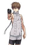  1boy aran_sweater backless_outfit blue_eyes brown_hair gun gundam gundam_wing handgun heero_yuy kouda_tomohiro male_focus pointing pointing_at_viewer ribbed_sweater shorts solo sweater turtleneck turtleneck_sweater virgin_killer_sweater weapon 