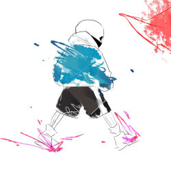  1boy 2018 2d black_shorts blue_jacket commentary digital_media english_commentary full_body grey_hood hands_in_pockets hollow_eyes hood hood_down hooded_jacket humanoid jacket long_sleeves male male_focus male_only monster monster_boy painterly pink_slippers sans_(undertale) shorts simple_background single_vertical_stripe skeleton sketch slippers socks solo striped_shorts undead undertale utdr_(toby_fox) veah3 vertical-striped_clothes vertical-striped_shorts walking white_background white_socks white_stripes 