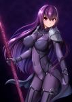  &gt;:| 1girl 8000 bangs bodysuit breasts closed_mouth covered_navel cowboy_shot erect_nipples fate/grand_order fate_(series) gae_bolg hair_between_eyes holding holding_weapon large_breasts long_hair looking_at_viewer pauldrons polearm purple_bodysuit purple_hair red_eyes scathach_(fate/grand_order) solo spear weapon 