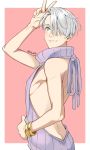  1boy 92_(artist) ass backless_outfit bangle bare_back blue_eyes bracelet butt_crack hair_over_one_eye halterneck highres jewelry looking_back male_focus ring silver_hair smile solo sweater turtleneck turtleneck_sweater v viktor_nikiforov virgin_killer_sweater yuri!!!_on_ice 