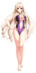  1girl amasaka_takashi arm_behind_back barefoot blonde_hair blue_eyes breasts cleavage clenched_hand earrings eyebrows_visible_through_hair full_body halterneck hand_on_hip highleg highleg_swimsuit highres jewelry large_breasts long_hair looking_at_viewer navel navel_cutout official_art one-piece_swimsuit silveria_leodiehl smile solo swimsuit unionism_quartet very_long_hair 