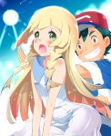  1boy 1girl blonde_hair clothed dress green_eyes lillie_(pokemon) mushi_gyouza pokemon pokemon_(anime) pokemon_(game) pokemon_sm pokemon_sm_(anime) satoshi_(pokemon) sexually_suggestive shirt striped striped_shirt white_dress z-move 