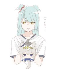  1girl animal_ears aqua_hair blue_eyes blunt_sidelocks brown_eyes character_doll collarbone commentary_request cropped_torso doll ear_ribbon ears_down fujimasa_march_(umamusume) grey_hair gym_shirt highres holding holding_doll horse_ears horse_girl horse_tail kasamatsu_tracen_training_uniform long_hair multicolored_eyes oguri_cap_(umamusume) shirt short_sleeves sidelocks simple_background solo stuffed_toy swept_bangs t-shirt tail tearing_up translation_request two-tone_eyes umamusume umamusume:_cinderella_gray v-shaped_eyebrows white_background yellow_eyes yoiisand 
