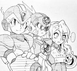  1girl 2boys alia_(mega_man) android armor axl_(mega_man) brillante2 chest_jewel forehead_jewel group_picture helmet mega_man_(series) mega_man_x_(series) mega_man_x_dive monochrome multiple_boys robot_girl simple_background upper_body white_background x_(mega_man) 