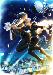  2boys animal_ears black_pants black_shirt blonde_hair claws closed_mouth coin commentary_request fangs furry furry_male highres hugo_vlad jewelry kazari_tayu looking_at_another male_focus moon multiple_boys night night_sky open_mouth pants red_eyes shirt sky smile star_(sky) tail von_lycaon wolf_boy wolf_ears wolf_tail zenless_zone_zero 