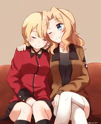  2girls ;) artist_name black_legwear black_shirt black_skirt blonde_hair blush breasts brown_background brown_jacket closed_eyes closed_mouth collarbone darjeeling eyebrows_visible_through_hair girls_und_panzer hand_on_another&#039;s_shoulder head_tilt highres jacket kapatarou kay_(girls_und_panzer) kneehighs knees_together_feet_apart legs_crossed long_hair long_sleeves medium_breasts multiple_girls one_eye_closed open_clothes open_jacket red_shirt shirt simple_background sitting skirt smile thigh-highs twitter_username white_legwear 