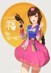  1girl 2017 ;d alternate_costume alternate_hairstyle bangs bow braid brown_eyes brown_hair bunny_hair_ornament clenched_hand cowboy_shot d.va_(overwatch) dated dress eyelashes facepaint facial_mark fingernails floral_print gun hair_ornament hair_ribbon hanbok handgun hands_up highres holding holding_gun holding_weapon korean_clothes legs_apart long_hair long_sleeves looking_at_viewer multicolored multicolored_stripes nail_polish natsuhara one_eye_closed open_mouth overwatch palanquin_d.va pink_lips pink_nails pink_skirt ribbon single_braid skirt skirt_set smile solo striped striped_sleeves swept_bangs tassel teeth trigger_discipline twitter_username weapon whisker_markings 