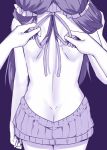  1girl arm_at_side ass back bare_back butt_crack clenched_hand cowboy_shot dimples_of_venus dress from_behind love_live! love_live!_school_idol_project monochrome open-back_dress pov pov_hands purple scrunchie sky_(freedom) solo_focus toujou_nozomi turtleneck twintails tying virgin_killer_sweater 