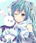  1girl ;) ;3 animal aqua_hair bangs blush breasts earmuffs grey_eyes grin hair_between_eyes hatsune_miku holding holding_animal looking_at_another medium_breasts mittens one_eye_closed polka_dot rabbit scarf shiomizu_(swat) smile solo teeth twintails upper_body vocaloid white_scarf yuki_miku yukine_(vocaloid) 