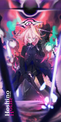  1girl absurdres ahoge black_gloves blue_archive blue_eyes broken_halo character_name corinalyce1 dark_halo gloves gun hair_between_eyes halo highres holding holding_gun holding_weapon hoshino_(blue_archive) hoshino_terror_(blue_archive) huge_ahoge long_sleeves pink_hair pink_halo short_hair shotgun solo standing weapon 