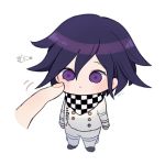  1boy ayu_(mog) black_hair checkered_scarf cheek_poking chibi dangan_ronpa expressionless fingers male_focus miniboy new_dangan_ronpa_v3 ouma_kokichi poking scarf short_hair signature simple_background solo_focus straitjacket violet_eyes white_background 