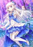  1girl aura_kingdom blue_eyes choker detached_sleeves dress eyebrows_visible_through_hair floating_hair layered_dress long_hair looking_at_viewer pointy_ears silver_hair sleeveless sleeveless_dress solo thigh-highs villyane white_legwear 