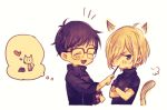  2boys ^_^ animal_ears black_hair blonde_hair cat cat_ears cat_tail closed_eyes crossed_arms eating feeding food glasses green_eyes hair_over_one_eye heart katsuki_yuuri lowres male_focus multiple_boys naho_(pi988y) open_mouth pocky smile tail thought_bubble yuri!!!_on_ice yuri_plisetsky 