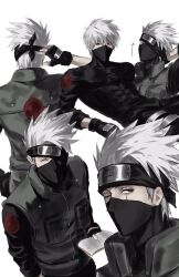  1boy arm_behind_head arm_rest back book closed_eyes fingerless_gloves forehead_protector gloves green_jacket hatake_kakashi highres holding holding_book jacket konohagakure_shinobi_uniform konohagakure_symbol looking_at_viewer male_focus mask mouth_mask naruto naruto_(series) ninja ninja_mask one_eye_closed scar scar_across_eye scar_on_face sharingan short_hair simple_background skin_tight solo spiky_hair sso_s toned toned_male white_background white_hair 