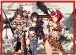  3girls animal_print ball_and_chain bandage bird black_gloves black_hair blush breasts brown_hair chains cleavage club cuffs dark_skin fang fingerless_gloves gloves hand_on_hip highres horns kanabou long_hair looking_at_viewer midriff mountain multicolored_hair multiple_girls navel nyoronyoro oni oni_horns open_mouth original red_eyes redhead sail sarashi shackles ship short_hair single_thighhigh skull smile spike_ball standing thigh-highs tiger_print two-tone_hair watercraft waves weapon 