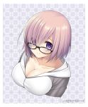  1girl bangs black-framed_eyewear blush breasts checkered checkered_background cleavage closed_mouth collarbone eyebrows_visible_through_hair fate/grand_order fate_(series) hair_over_one_eye hood hoodie large_breasts lavender_hair looking_at_viewer naked_sweater nenekoneko shielder_(fate/grand_order) short_hair smile solo sweater tareme twitter_username upper_body violet_eyes 