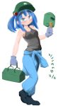  1girl black_blouse blouse blue_clothes blue_hair dated full_body gloves green_eyes grey_gloves hair_bobbles hair_ornament hat highres kawashiro_nitori mob_cap overalls raised_eyebrows shirt shoes short_hair simple_background smile solo takeu tank_top thick_eyebrows tied_shirt toolbox touhou welding_mask 