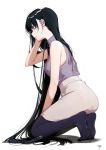  1girl bare_shoulders black_hair black_legwear breasts closed_mouth commentary_request expressionless from_side full_body grey_skirt hand_in_hair high-waist_skirt kawai_makoto kneeling legs_together long_hair medium_breasts original pantyhose profile shiny shiny_hair signature simple_background skirt sleeveless solo sweater sweater_vest turtleneck turtleneck_sweater very_long_hair white_background 