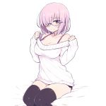  1girl black-framed_eyewear black_legwear blush breasts chan_co cleavage ears_visible_through_hair eyebrows_visible_through_hair fate/grand_order fate_(series) glasses hair_over_one_eye large_breasts looking_at_viewer pink_hair shielder_(fate/grand_order) short_hair simple_background sitting sleeves_past_wrists solo strap_gap sweatdrop sweater thigh-highs violet_eyes white_background 