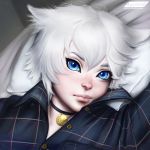  1boy animal_ears artist_name ayya_saparniyazova blue_eyes cat_ears catboy coby_the_cat collar freckles male_focus pale_skin personification real_life solo watermark web_address white_hair 