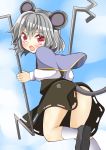  &gt;:o 1girl :o aki_chimaki animal_ears ass blush capelet clouds cloudy_sky dowsing_rod dress flying from_behind grey_hair loafers long_sleeves looking_at_viewer looking_back mouse_ears mouse_tail nazrin no_panties red_eyes shoes short_hair sky socks solo tail teeth thighs touhou 