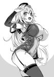  1girl :d armpits asanagi blush breasts copyright_request covered_navel detached_sleeves garter_straps granblue_fantasy highres large_breasts long_hair looking_at_viewer miimu military monochrome open_mouth salute shingeki_no_bahamut smile solo thigh-highs 