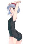  1girl armpits arms_up ass back blue_hair breasts hairband highres masao one-piece_swimsuit original school_swimsuit short_hair small_breasts solo swimsuit violet_eyes 