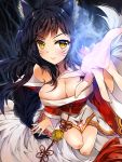  1girl ahri animal_ears bare_shoulders black_hair blush breasts cleavage collarbone detached_sleeves facial_mark fox_ears fox_tail highres korean_clothes large_breasts league_of_legends lips long_hair low_neckline multiple_tails nia_(leafunia) slit_pupils solo tail whisker_markings yellow_eyes 