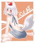  1girl absurdres animal_ears ass bare_back bare_shoulders barefoot blush breasts butt_crack embarrassed full_body geroinu hat highres inubashiri_momiji looking_at_viewer looking_back open_mouth red_eyes ribbed_sweater short_hair sideboob silver_hair sitting solo sweater tail tokin_hat touhou virgin_killer_sweater wariza wolf_ears wolf_tail 