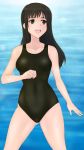  1girl absurdres arm_at_side bangs black_eyes black_hair black_swimsuit blush breasts clenched_hand collarbone cowboy_shot day gluteal_fold gradient green_kaminari grey_background happy highres hips legs_apart lens_flare long_hair looking_to_the_side medium_breasts ocean one-piece_swimsuit open_mouth outdoors seiren sidelocks smile solo sparkle standing swimsuit thighs touno_kyouko water 