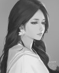  1girl closed_mouth earrings face from_side grey_background greyscale highres jewelry light_smile long_hair looking_away looking_down monochrome nguyen_uy_vu original painting portrait realistic signature simple_background solo 