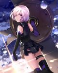  1girl armor armored_dress ass asymmetrical_legwear back bangs black_legwear breasts clouds cloudy_sky dutch_angle elbow_gloves fate/grand_order fate_(series) from_behind gloves holding_shield lavender_hair lens_flare looking_at_viewer looking_back mismatched_gloves shield shielder_(fate/grand_order) short_hair sky smile solo sunlight tan_(tangent) thigh-highs violet_eyes water_drop 