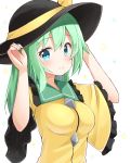  1girl adjusting_clothes adjusting_hat alternate_hair_length alternate_hairstyle black_hat blue_eyes blush breasts closed_mouth commentary frilled_shirt_collar frilled_sleeves frills from_side green_hair hat hat_ribbon komeiji_koishi long_hair looking_at_viewer looking_to_the_side medium_breasts ominaeshi_(takenoko) ribbon shirt sidelocks smile solo touhou upper_body wide_sleeves yellow_ribbon yellow_shirt 