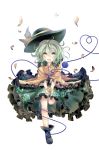  1girl :d bangs black_hat black_shoes blush eyeball floral_print flower frilled_shirt_collar frilled_skirt frilled_sleeves frills full_body green_eyes green_hair green_skirt hair_between_eyes hat hat_ribbon heart heart_of_string komeiji_koishi long_sleeves looking_at_viewer open_mouth ribbon rose shoes skirt smile solo third_eye touhou white_background wide_sleeves yellow_ribbon yellow_rose yilocity 