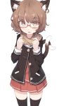  1girl alternate_costume animal_ears bespectacled black_legwear cat_ears cat_tail chen fang glasses highres jewelry looking_at_viewer multiple_tails nekomata open_mouth red-framed_eyewear scarf school_uniform semi-rimless_glasses shone short_hair simple_background single_earring solo tail thigh-highs touhou two_tails under-rim_glasses white_background zettai_ryouiki 