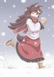  1girl animal_ears blouse boots brooch brown_hair dress frilled_skirt frilled_sleeves frills from_side full_body gloves grin imaizumi_kagerou jewelry long_hair looking_at_viewer one_eye_closed pendant poronegi red_eyes running scarf skirt smile snow snowball snowing solo tail touhou white_blouse wolf_ears wolf_tail younger 