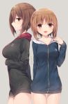 2girls :d bangs blush breasts brown_eyes brown_hair character_name closed_mouth collarbone cowboy_shot eyebrows_visible_through_hair girls_und_panzer gluteal_fold grey_background hair_between_eyes hand_up highres hood hoodie komeshiro_kasu large_breasts looking_at_viewer multiple_girls naked_sweater nishizumi_maho nishizumi_miho ooarai_(emblem) open_mouth profile short_hair_with_long_locks siblings simple_background sisters smile sweater translated 