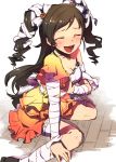  1girl bandage black_hair breasts cleavage closed_eyes dress drill_hair idolmaster idolmaster_cinderella_girls long_hair nametake nonomura_sora open_mouth sitting smile solo twin_drills twintails wariza wooden_floor 