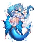  1girl bare_shoulders blue_eyes blue_hair breasts full_body head_fins highres jewelry katagiri_hachigou long_hair looking_at_viewer mermaid miniskirt monster_girl navel pearl personification pleated_skirt pokemon pokemon_(game) pokemon_sm primarina scales simple_background skirt smile solo tiara very_long_hair white_background 