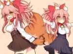  1girl :3 :d animal_ears artist_request bad_id bad_twitter_id bell bell_collar blush bow breasts collar fang fate/grand_order fate_(series) fox_ears fox_tail gloves hair_bow high-waist_skirt large_breasts long_hair long_sleeves multiple_views open_mouth paw_gloves paws pink_hair ponytail sidelocks smile tail tamamo_(fate)_(all) tamamo_cat_(fate) virgin_killer_outfit yellow_eyes 