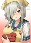  1girl 2017 apron artist_name blue_eyes blush breasts collarbone dated gradient gradient_background grey_hair hair_ornament hair_over_one_eye hairclip hamakaze_(kantai_collection) head_scarf heart-shaped_box highres kamelie kantai_collection large_breasts looking_at_viewer pink_background sailor_collar school_uniform serafuku short_hair short_sleeves solo upper_body white_background 